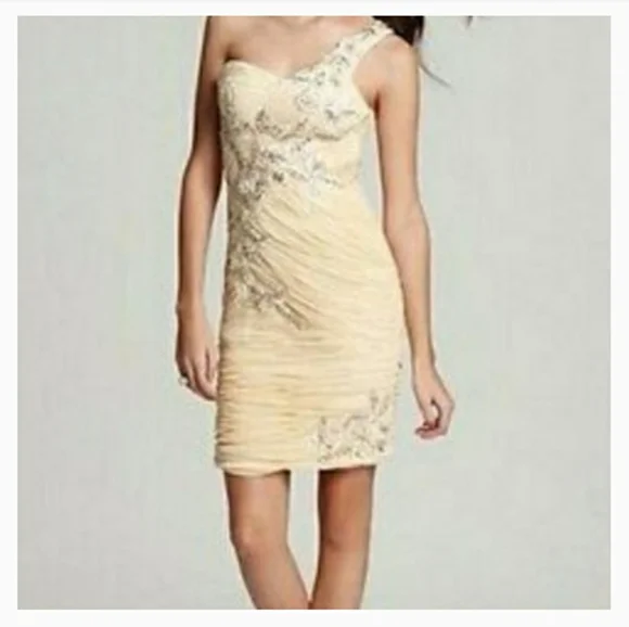 sue wong champagne beaded dress Sue Wong Antique Champagne One Shoulder Beaded Drop Waist Dress Gown 6 8 10